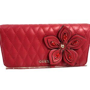 Guess Womens Red Quilted Wallet With Decorative Flower & Rhinestone Accents